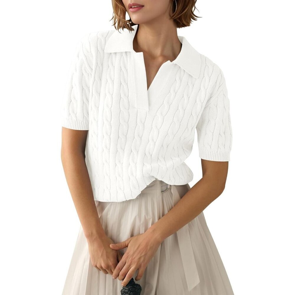 Womens White Short Sleeve Sweater Top Cable Knit Casual Summer V Neck Polo Shirt